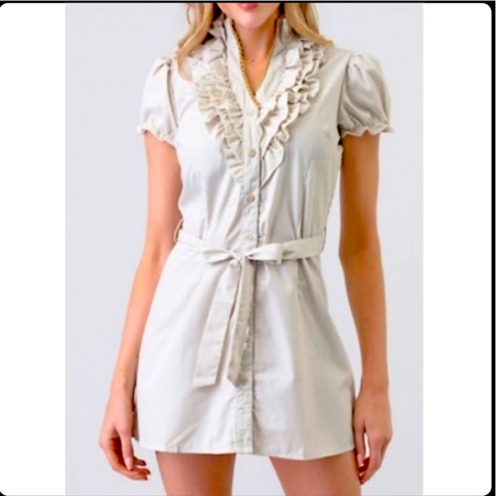 She’s cool khaki ruffle  button down dress